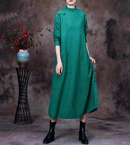 New Knitted Dress Retro Disc Button Bottoming Skirt Irregular Long Skirt