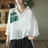 Vintage Ink Print Fine Ramie Doll Sleeve T-Shirt
