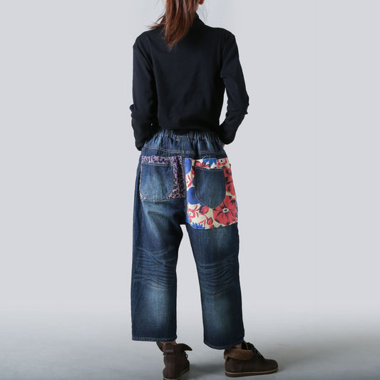 Pantalon droit décontracté ample à blocs de couleurs avec patch décontracté