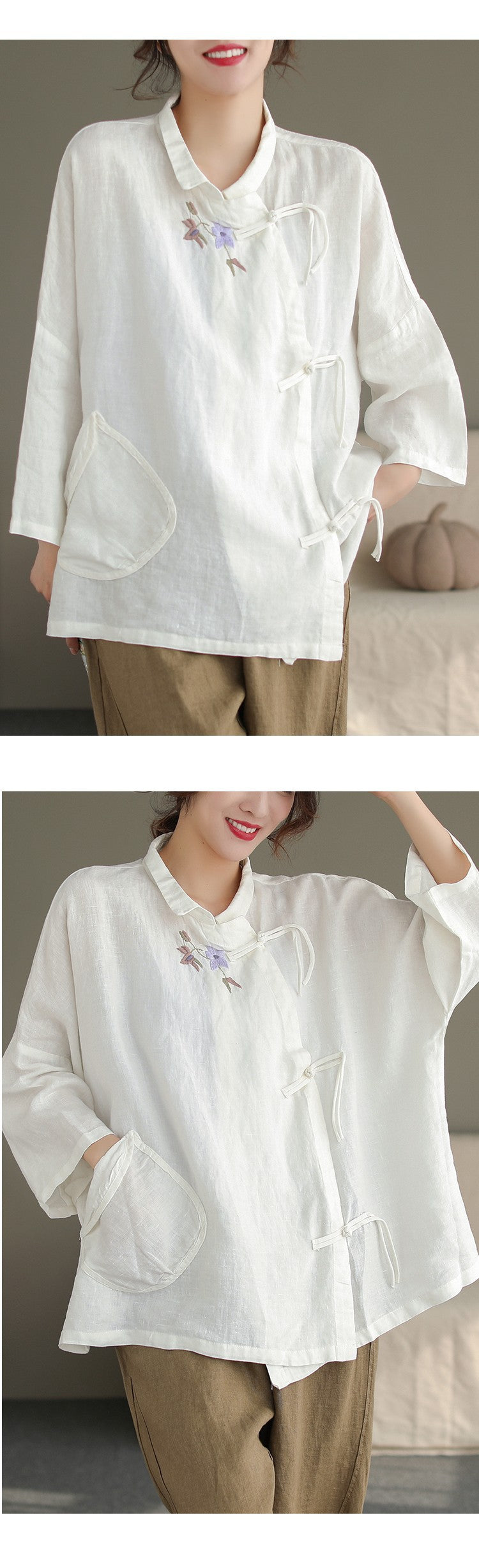 Vintage Embroidered Slanted Bracing Cropped Sleeve Linen Top