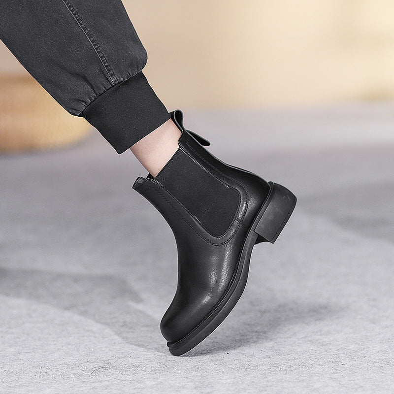 Women Vintage Genuine Leather Elastic Solid Boots