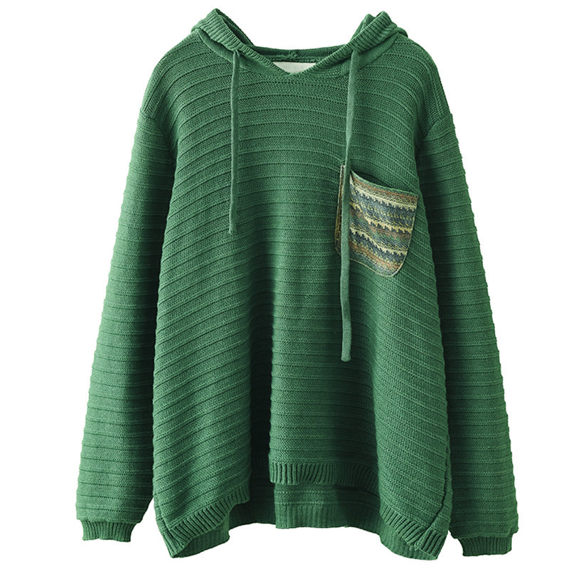 New Cotton Knit Patch Hooded Sweater