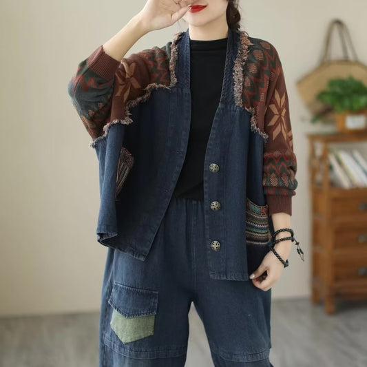veste vintage en tricot colorblock en denim à manches de poupée en détresse
