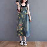 Vintage Print Loose Mid-Length Denim Suspender Skirt