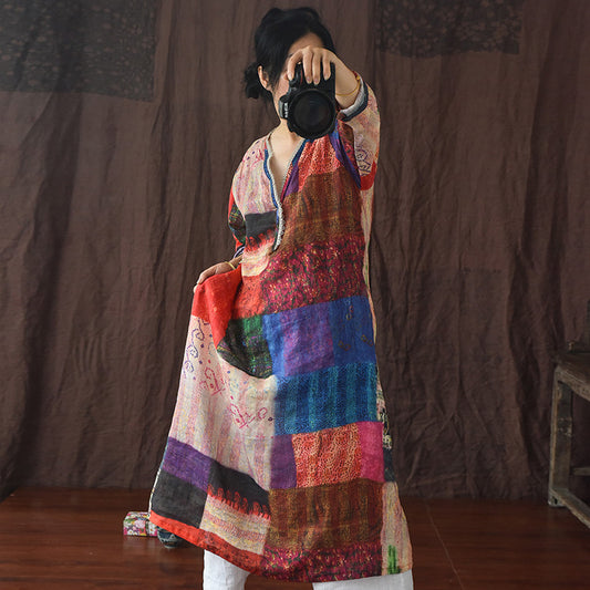 Robe contrastée imprimée à col en V en coton et lin