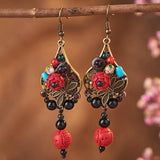 Red Flower Alloy Dragonfly Retro Earrings