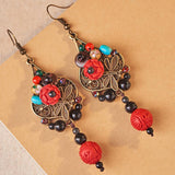 Red Flower Alloy Dragonfly Retro Earrings