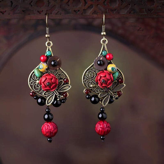 Boucles d'oreilles rétro libellule en alliage de fleur rouge