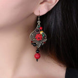 Red Flower Alloy Dragonfly Retro Earrings