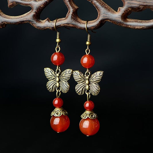Boucles d'oreilles rétro papillon en agate rouge