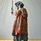 Plus Size - Retro Loose Warm Floral Pocket Coat