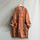 Plus Size - Retro Loose Warm Floral Pocket Coat