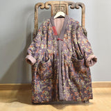 Plus Size - Retro Loose Warm Floral Pocket Coat