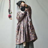 Plus Size - Retro Loose Warm Floral Pocket Coat