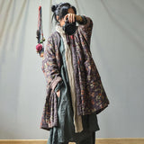 Plus Size - Retro Loose Warm Floral Pocket Coat