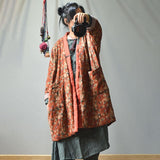 Plus Size - Retro Loose Warm Floral Pocket Coat