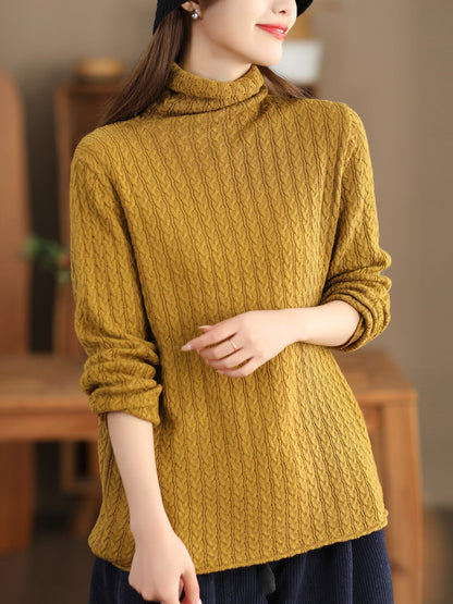Women Casual Jacquard Knitted Solid Turtleneck Sweater