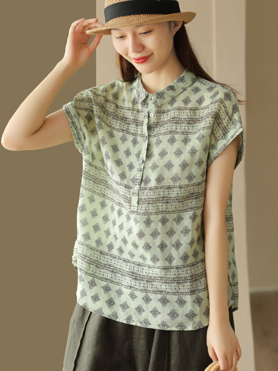 Women Summer Vintage Geometric Print Button Linen Shirt