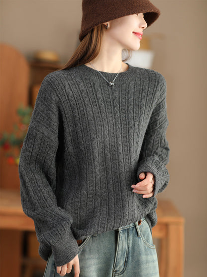 Women Vintage Wool Solid Knitted Winter Sweater