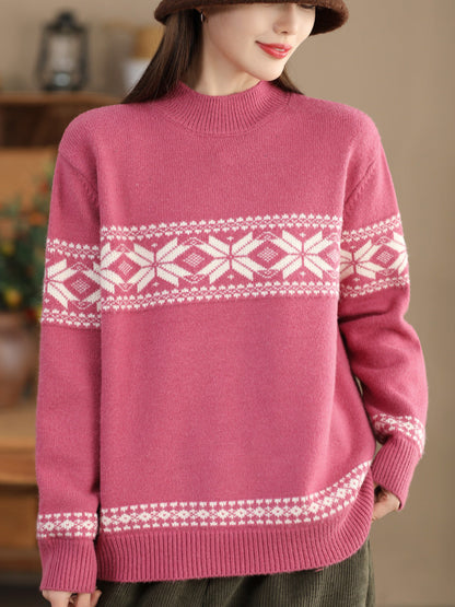 Women Winter Flower Knitted Casual Half-Turtleneck Sweater
