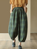 Women Summer Vintage Pocket Plaid Linen Harem Pants