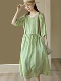 Women Summer Solid Drawstring Embroidery Pocket Dual-layer Dress