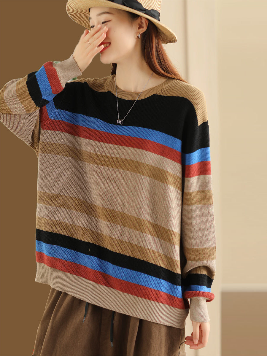 Pull tricoté à rayures colorées pour femmes, automne