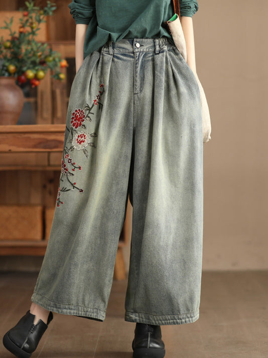 Pantalon en denim brodé de fleurs vintage pour femmes, printemps