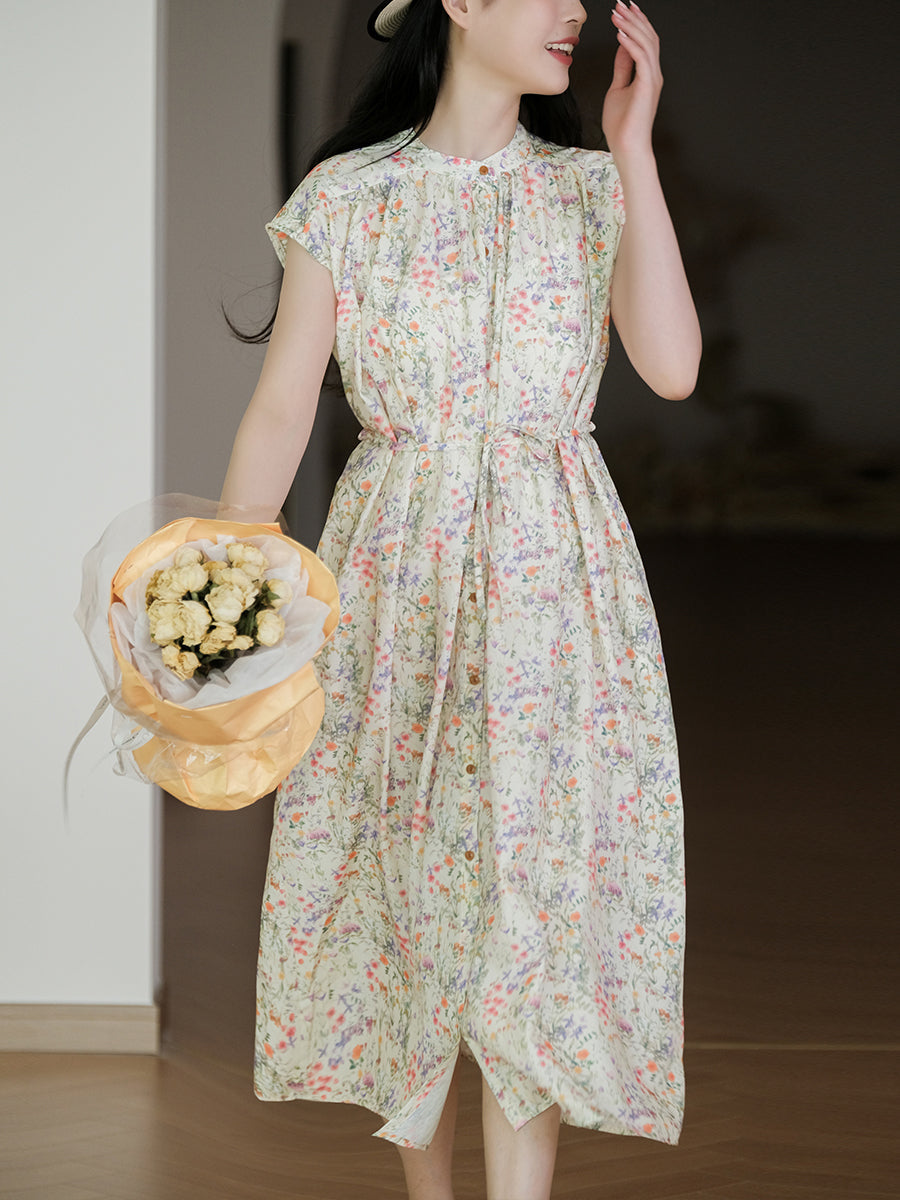 Women Summer Vintage Floral Drawstring Button Cardigan Dress