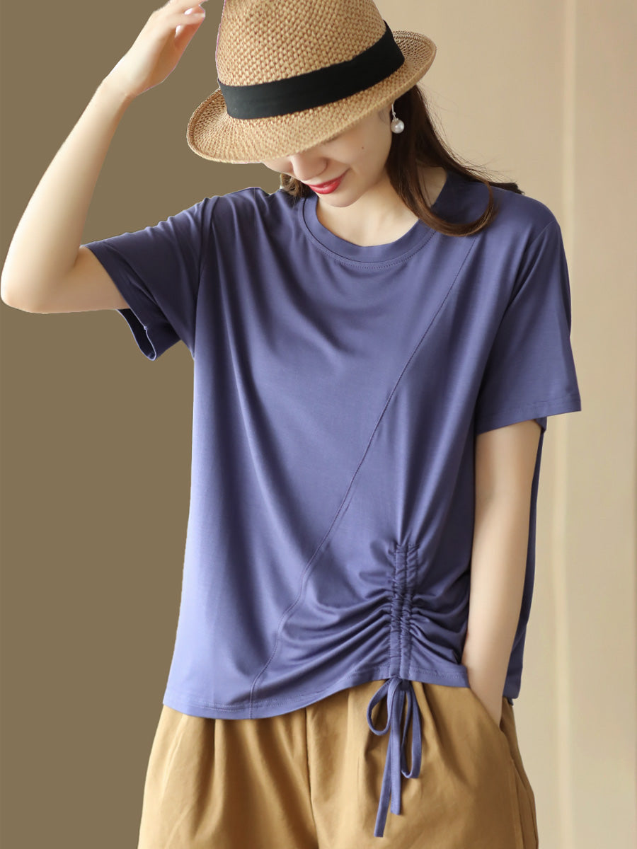 Women Summer Solid Drawstring Spliced Casual Cotton Shirt