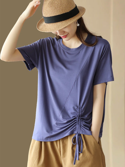 Women Summer Solid Drawstring Spliced Casual Cotton Shirt