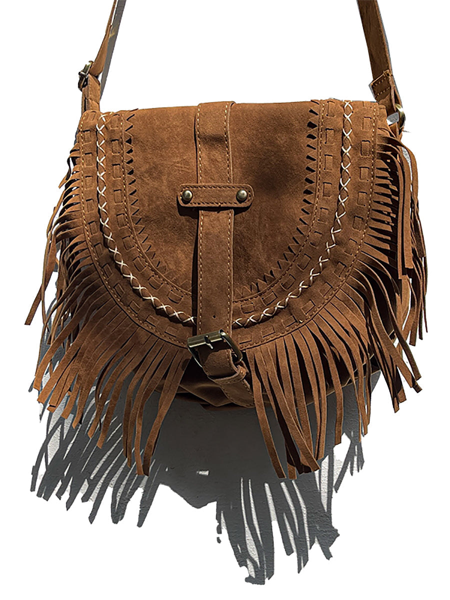 Women Ethnic Solid Stitching Tassel Shoulder Bag Saddle Bag