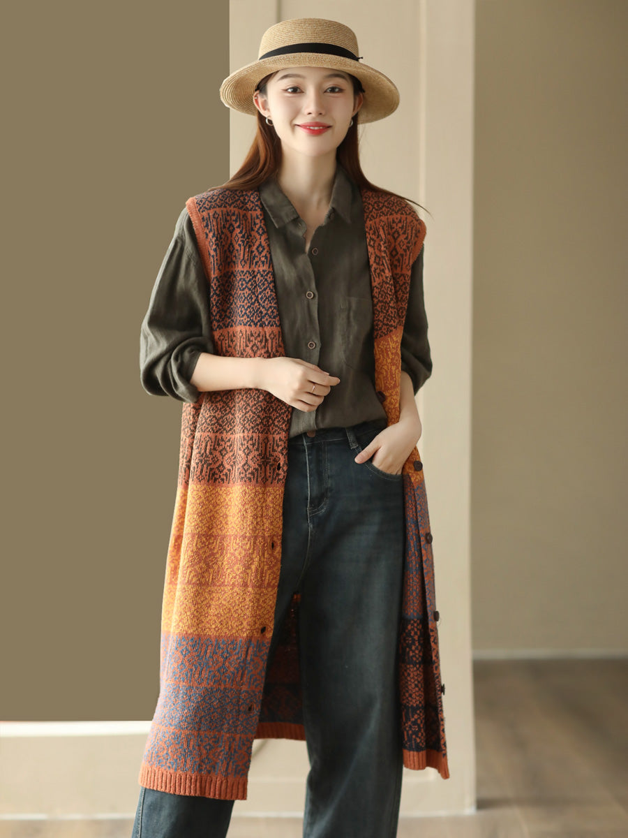 Women Autumn Vintage V-neck Jacquard Long Vest