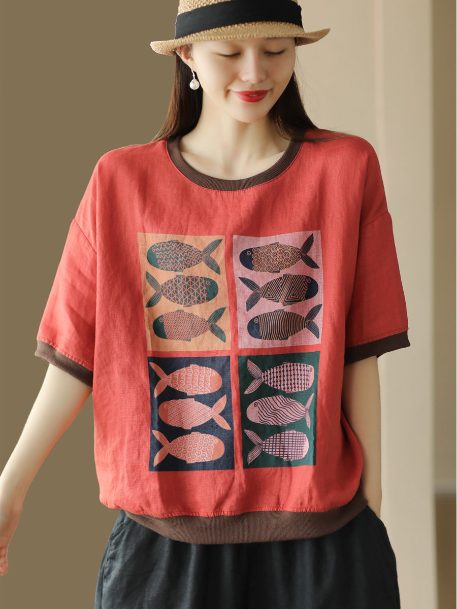 Women Summer Casual Fish Print Spliced 100%Linen Shirt