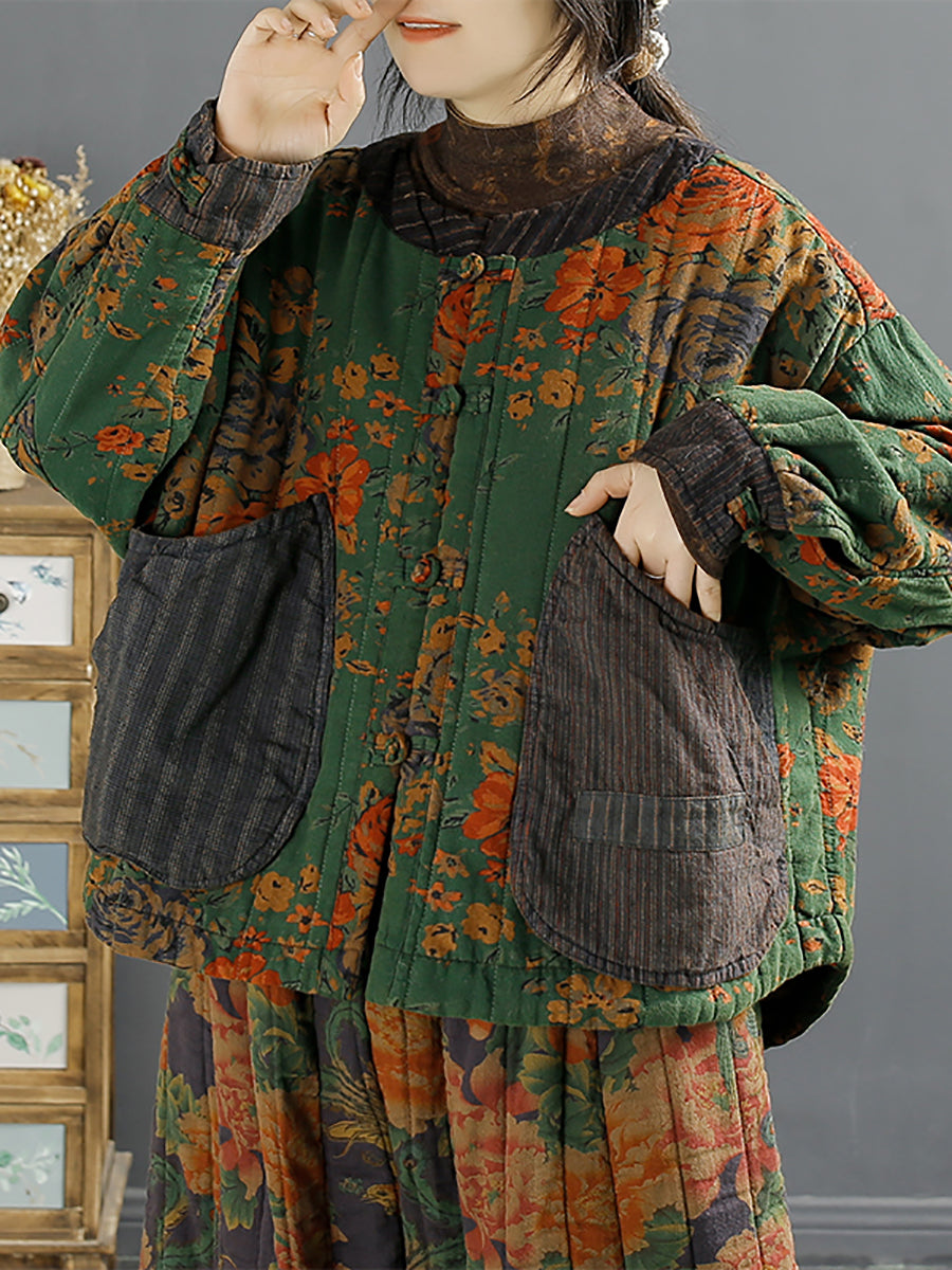 Women Ethnic Floral Spliced Winter Linen Padded Coat