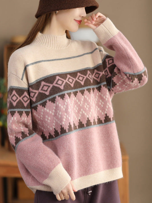 Pull à col roulé tricoté en forme de losange vintage pour femme