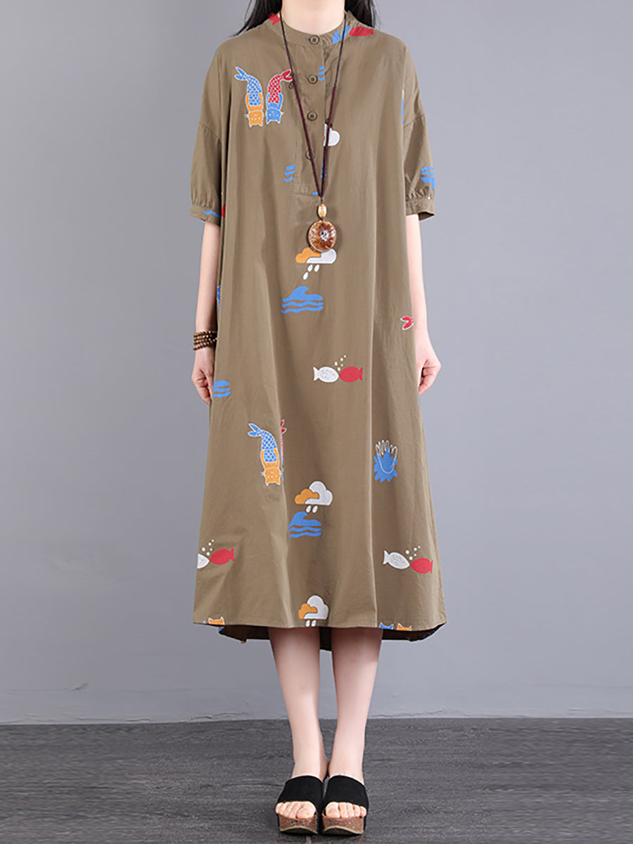 Women Summer Casual Cartoon Print Button Long Dress