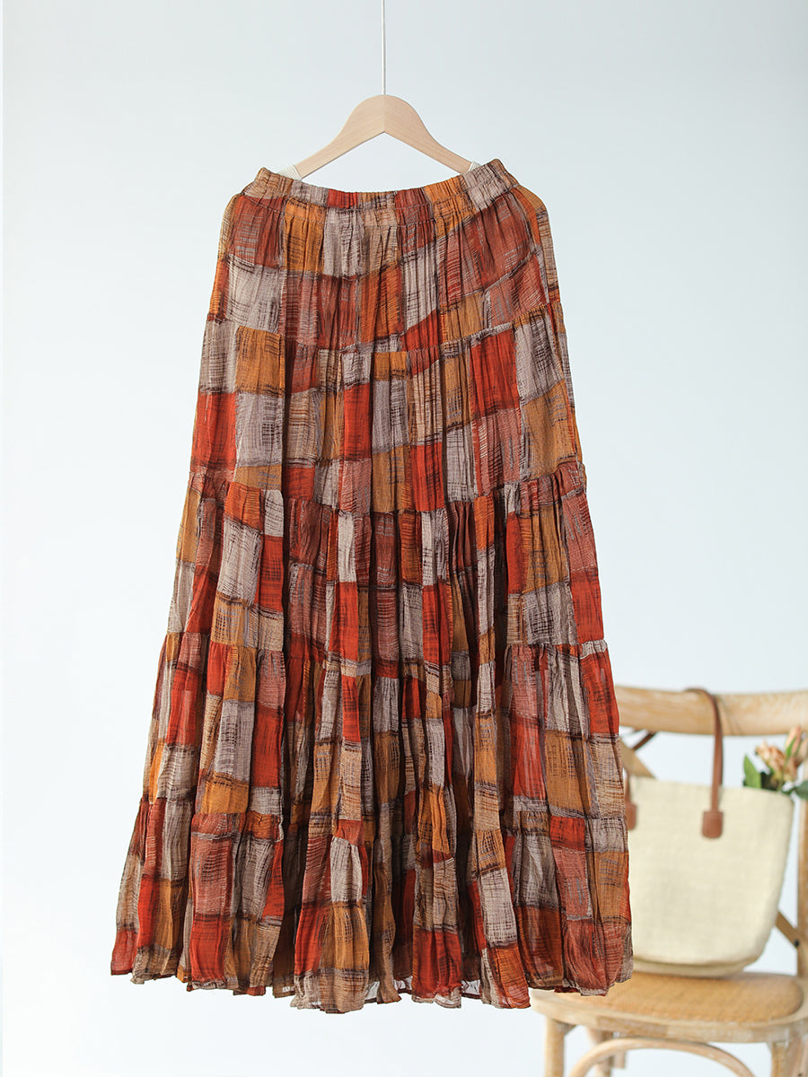 Women Bohemian Pleat Spliced Colorblock Layered Skirt