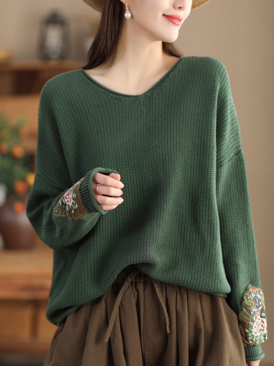 Women Spring Vintage Patch Spliced Knitted Sweater