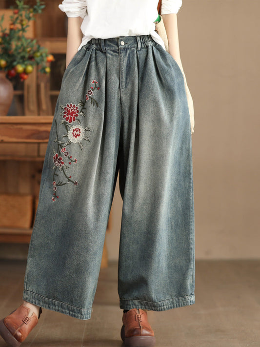 Pantalon en denim brodé de fleurs vintage pour femmes, printemps