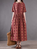Women Vintage Summer Spliced Drawstring Pleat Dress