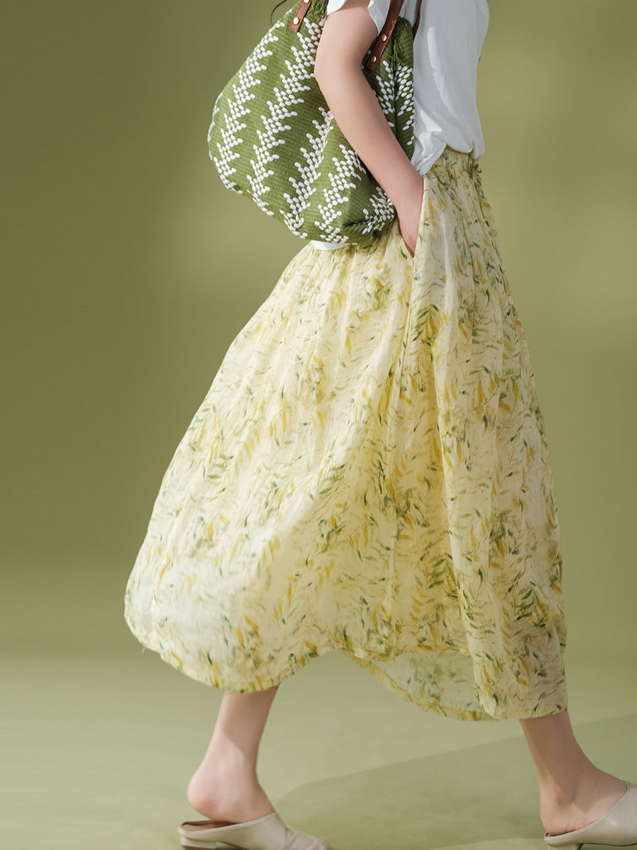 Women Summer Artsy Flower Drawstring Pocket Ramie Skirt