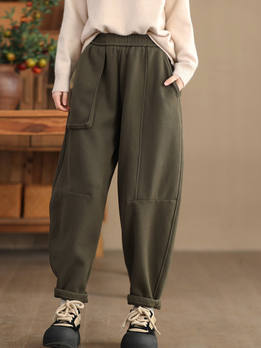 Women Winter Casual Solid Fleeced-lined Harem Pants