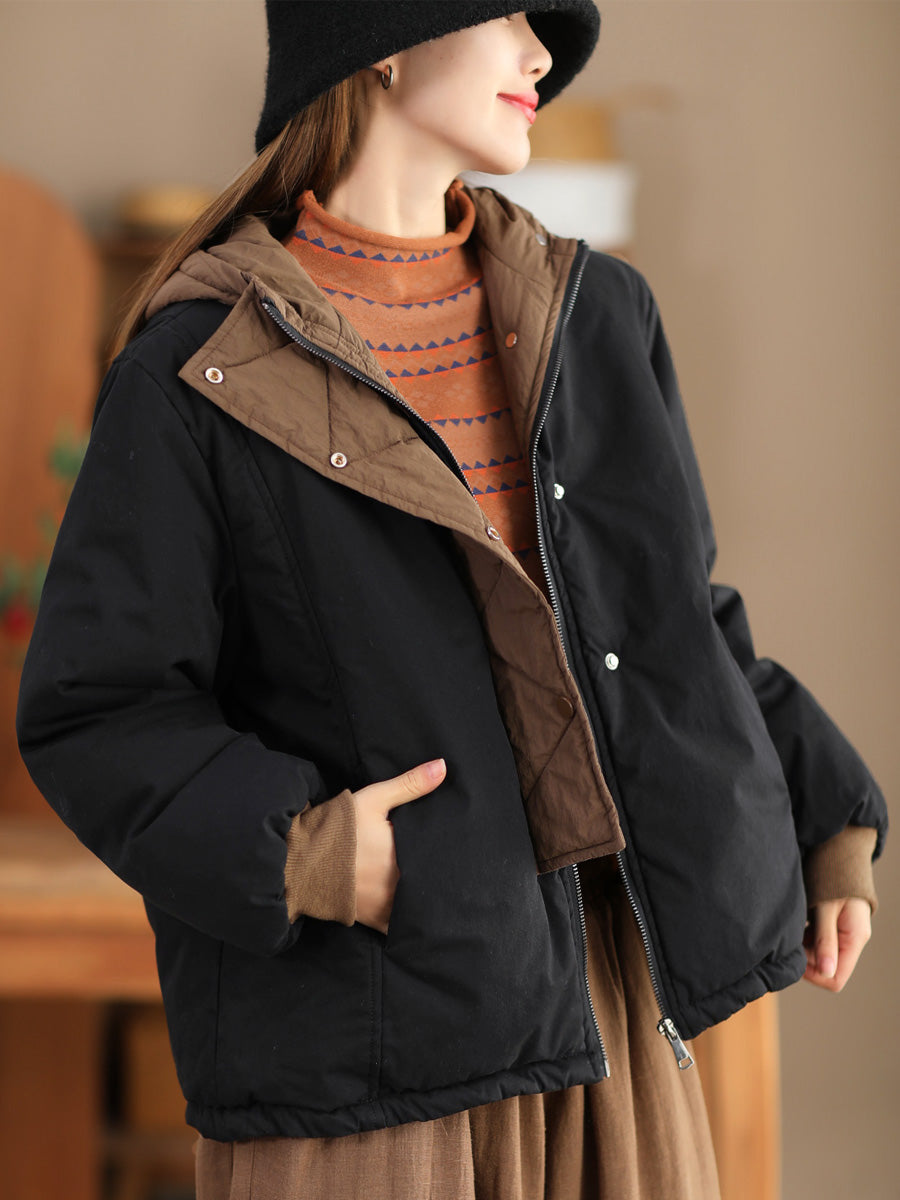 Women Casual Colorblock Winter Cotton Hooded Jacket