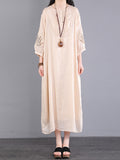 Women Summer Solid Vintage Embroidery Draped Long Dress