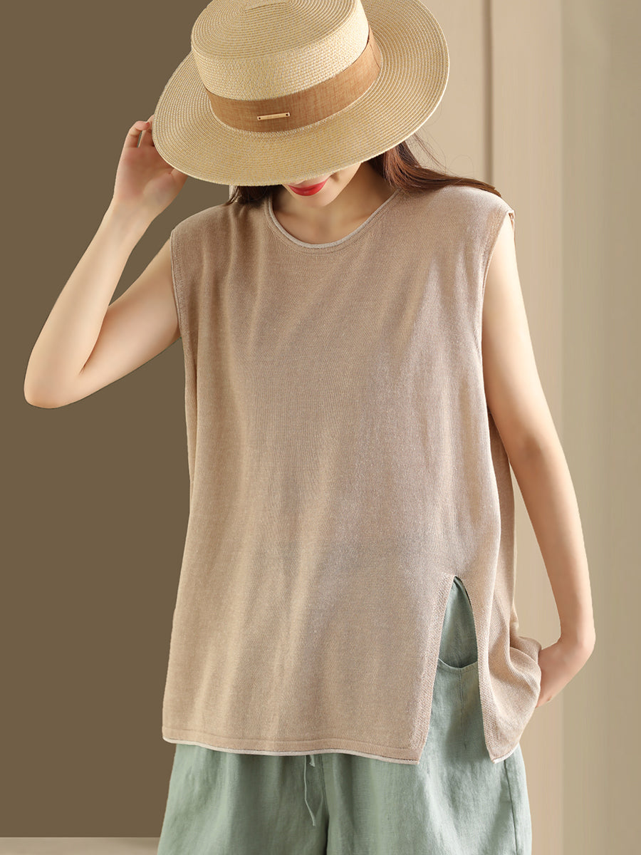 Women Summer Casual Solid Color Split Hem Knitted Linen Vest
