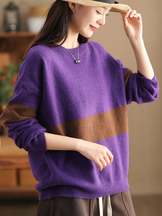 Pull chaud tricoté en laine color block décontracté pour femmes
