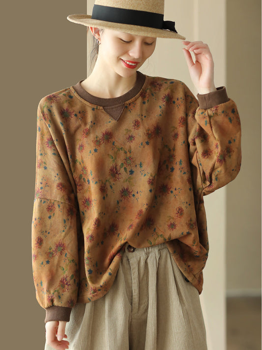 Sweat-shirt rétro floral à ourlet réglable pour femme, grande taille