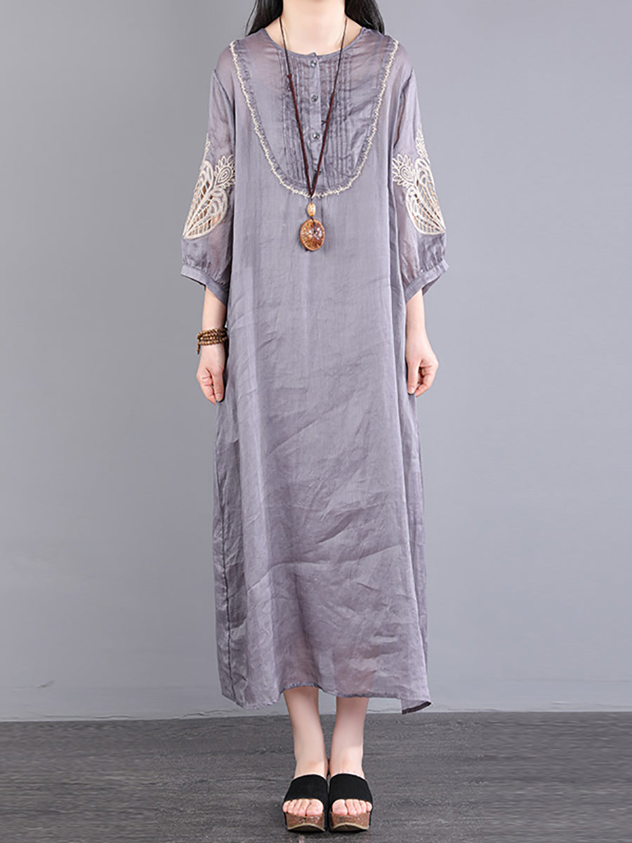 Women Summer Solid Vintage Embroidery Draped Long Dress