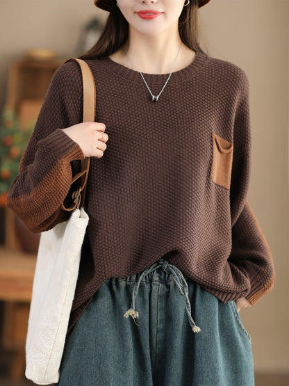 Women Vintage Colorblock Winter Knitted Sweater